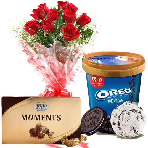 Send Red Roses Bouquet N Kwality Walls Ice Cream with Ferrero Rocher Moments
