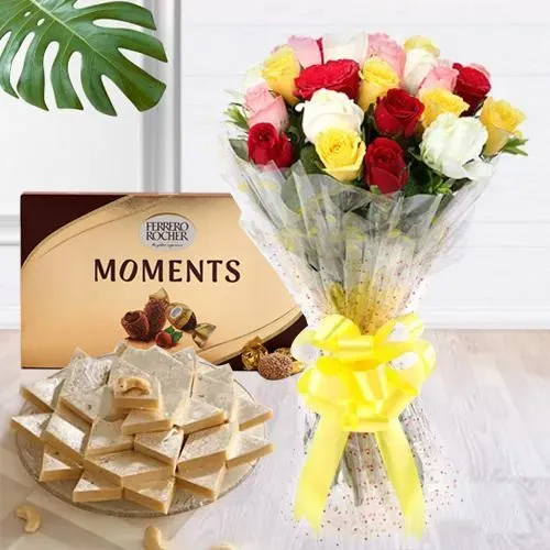 Delightful Roses with Kaju Barfi n Ferrero Rocher Moments