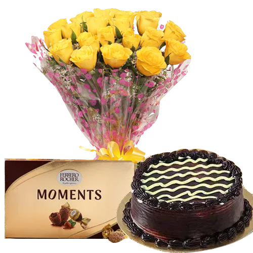 Deliver Chocolate Cake with Yellow Roses N Ferrero Rocher Moments