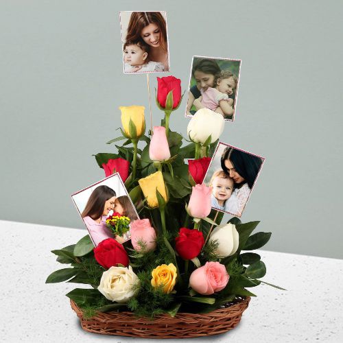 Dazzling Mixed Roses Basket with Personalized Photos