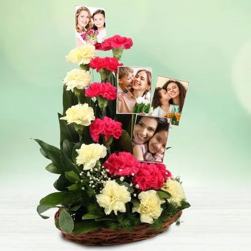 Deliver Red n Yellow Carnations n Personalized Photos Basket