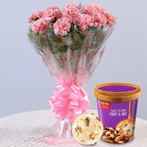 Deliver Pink Carnation Bouquet with Kwality Walls Fruit n Nut Ice Cream