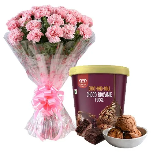 Exotic Bouquet of Pink Carnation with Kwality Walls Choco Brownie Fudge Ice Cream