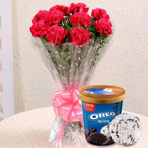 Deliver Red Carnation Bouquet With Kwality Walls Oreo Ice Cream