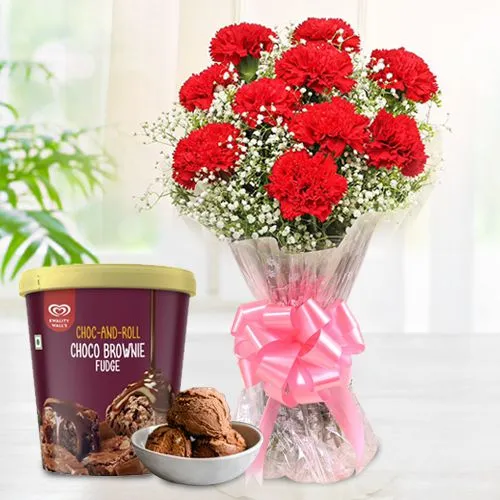 Majestic Red Carnation Bouquet With Kwality Walls Choco Brownie Fudge Ice Cream