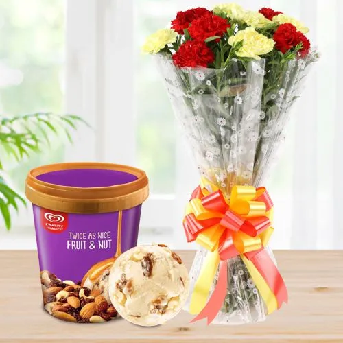 Send Mixed Carnation Bouquet with Fruit n Nut Ice-Cream from Kwality Walls