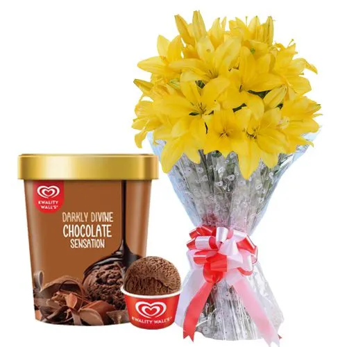 Deliver Yellow Lily Bouquet with Chocolate Ice-Cream from Kwality Walls