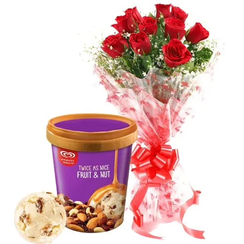 Premium Red Roses Bouquet with Fruit n Nut Ice-Cream from Kwality Walls