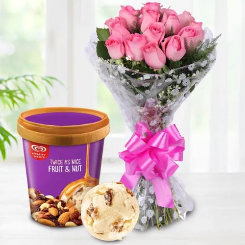 Send Pink Roses Bouquet with Fruit n Nut Ice-Cream from Kwality Walls
