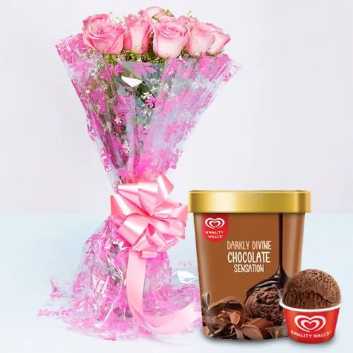 Fresh Pink Rose Bouquet with Chocolate Ice-Cream from Kwality Walls