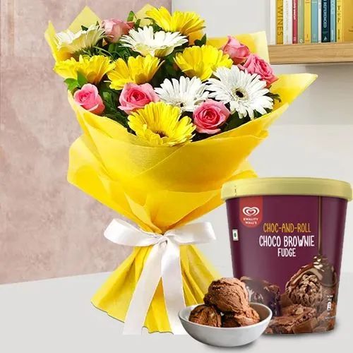 Send Mixed Flowers Bouquet with Choco Brownie Fudge Ice Cream from Kwality Walls