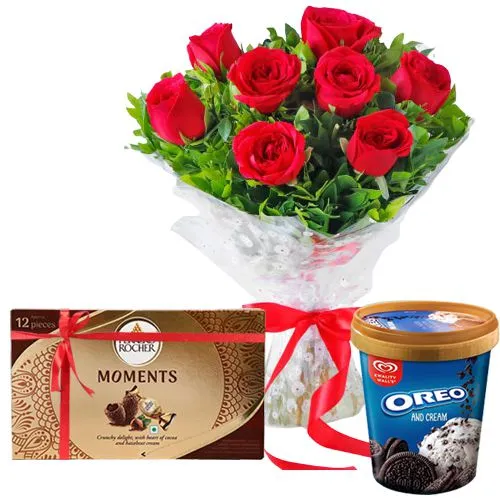 Exotic Red Roses with Kwality Walls Ice Cream N Ferrero Rocher Moments