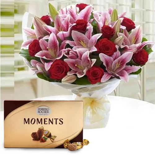 Send Lilies N Roses Bouquet with Ferrero Rocher Moments