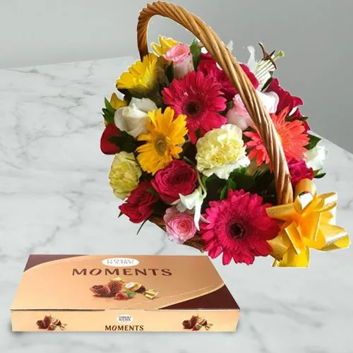Beautiful Mixed Flowers Basket With Ferrero Rocher Moments