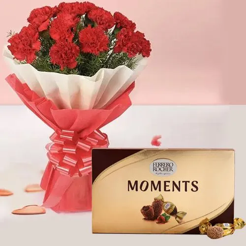 Deliver Bouquet of Red Carnations with Ferrero Rocher Moments