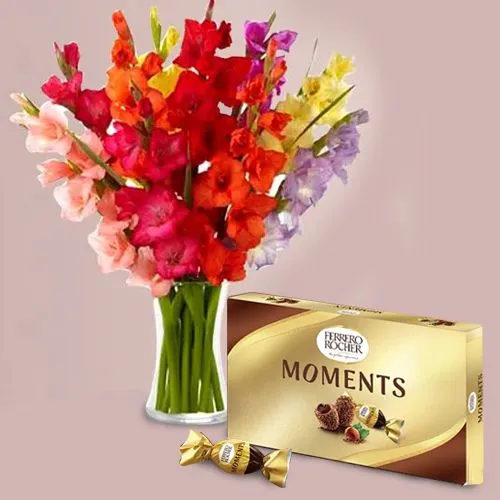Send Mixed Gladiolus in Glass Vase with Ferrero Rocher Moments
