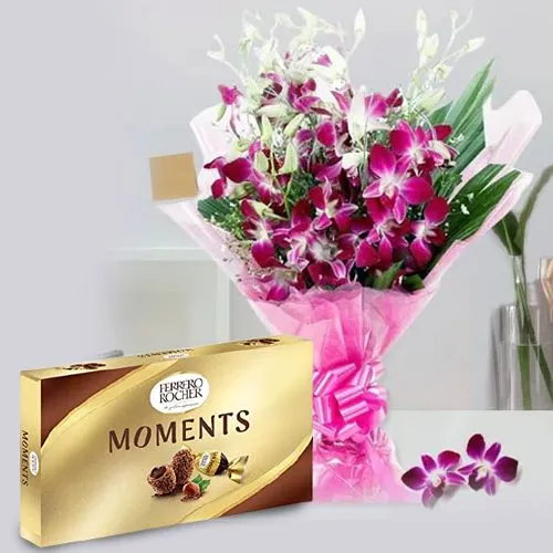 Send Bouquet of Orchids with Ferrero Rocher Moment Chocolate Box