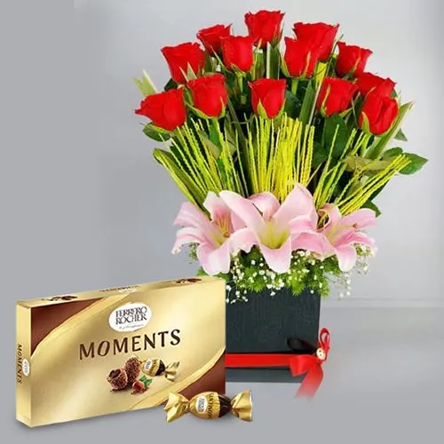 Alluring Red Roses n Pink Lilies Gift Box with Ferrero Rocher Moments