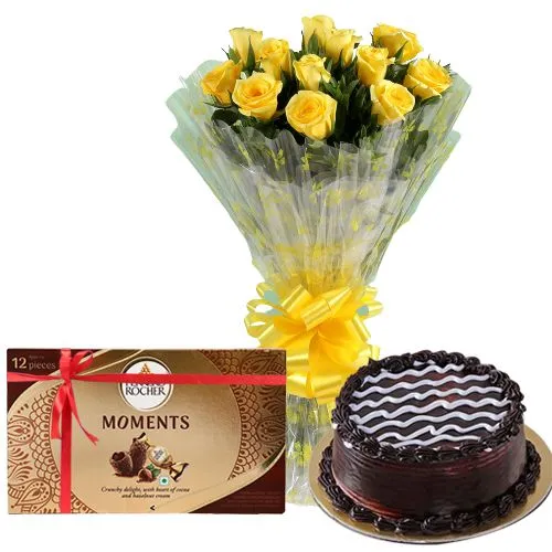 Send Chocolate Cake N Ferrero Rocher Moment with Yellow Rose Bouquet
