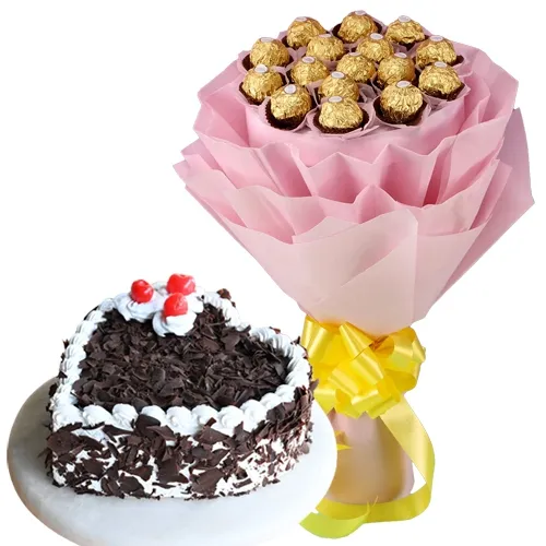 Buy Ferrero Rocher Bouquet with Heart-shape Black Forest Cake