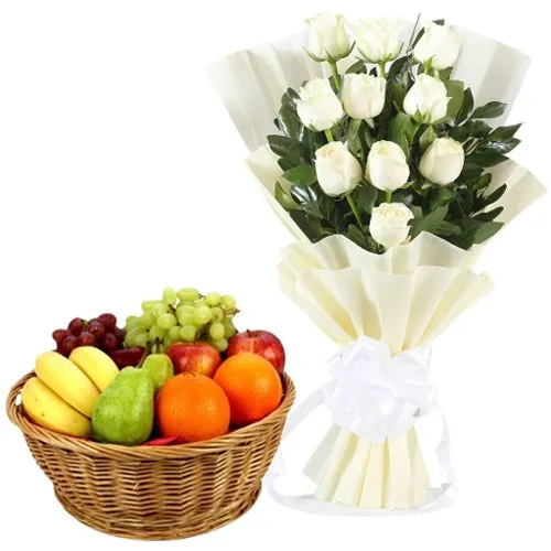 Send White Roses Bouquet N Fresh Fruits Combo