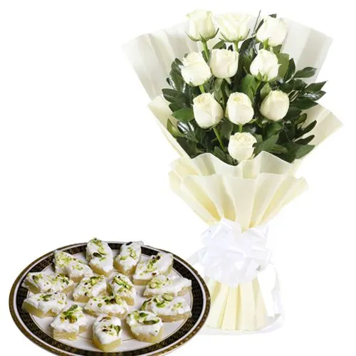 Order White Roses Bouquet with Yummy Sandesh