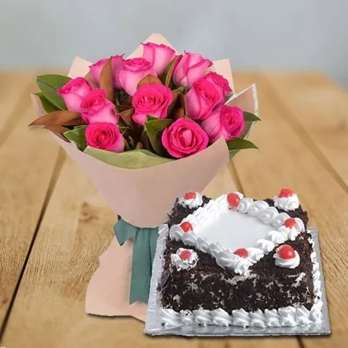 Shop Pink Roses bunch with Delish Black Forest Cake