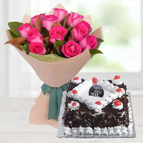 Pink Rose Bouquet with Black Forest Cake