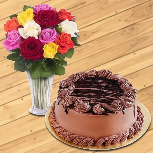 Order Mixed Roses in Glass Vase with Chocolate Cake Online