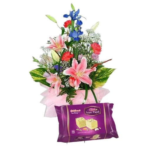 Deliver Seasonal flowers bouquet with Soan Papdi Online