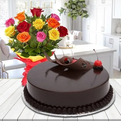Gift Glorious Roses with Yummy Chocolate Cake