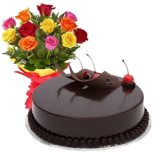 Gift Online Mixed Roses n Chocolate Cake