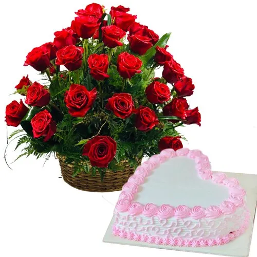 Buy Roses Basket Arrangement and  Love Cake