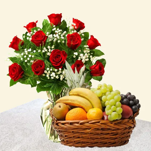 Deliver Red Roses in a Vase with Fruits Basket