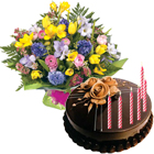 Buy Seasonal Flowers Bouquet with Chocolate Cake