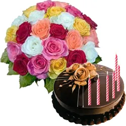 Order Mixed Roses Bunch with Chocolate Cake