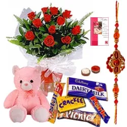 Dazzling Rakhi along with Chocolates and Rose Bunch