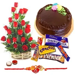 Classic Rakhi with Two Dozen Red Roses, Chocolates and 1 Lb. Cake