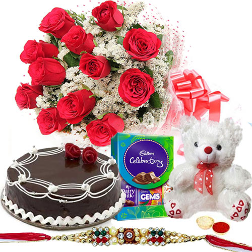 Delicious Heart of Love Rakhi, Soft Teddy, Roses, Cakes and Cadburys