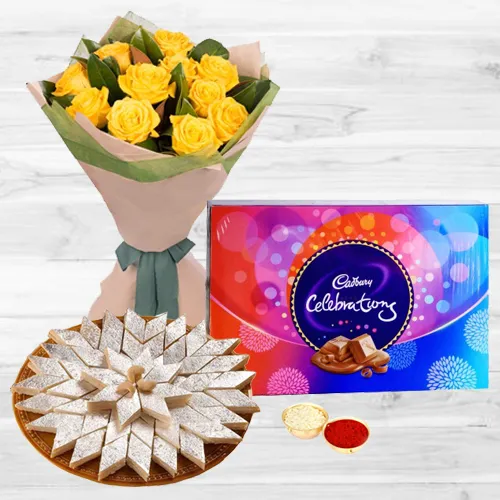 12 Yellow Roses with Cadbury Celebration and Kaju Katli