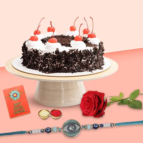 Time to rejoice with black forest cake, Rose,and Free Rakhi ,  Roli Tilak and Chawal