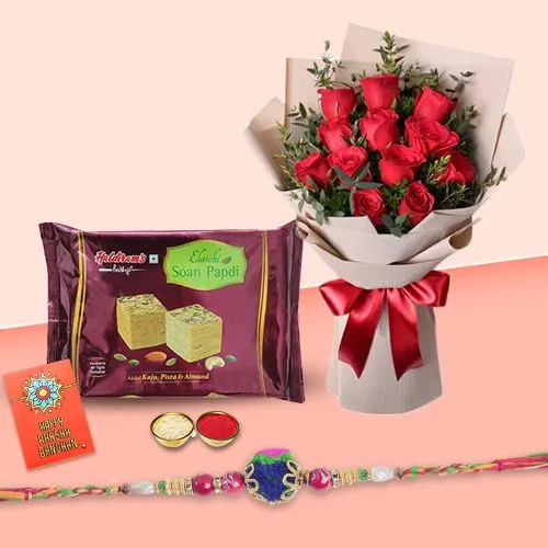 Rakhi with  Red Roses n  Soan Papri