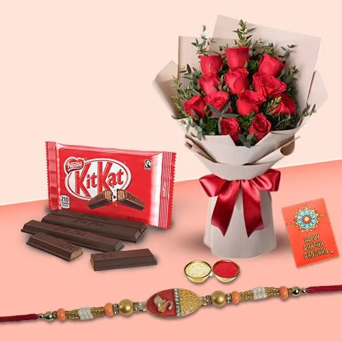 Rakhi with 12 Yellow Roses N Kitkat