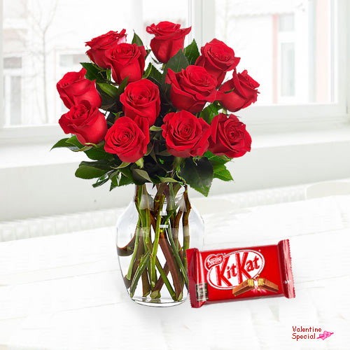 V-Day Gift of Red Roses in Vase with Cadbury Chocolates