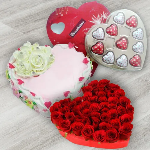 Heart Shaped Choco Cake with Heart Shaped Chocolates N Heart Shaped Rose Bouquet