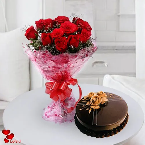 Send Red Roses Bouquet N Cake Online