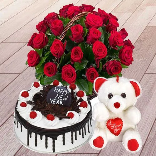 Red Roses with Black Forest Cake N Teddy