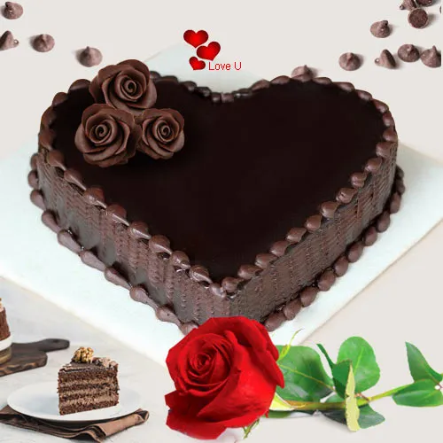 Deliver Love Shape Chocolate Cake N Single Red Rose Online