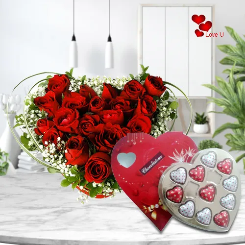 V-Day Heart Shape Arrangement of Red Roses with Chocolates
