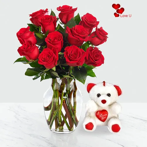Send Red Roses in a Vase N Teddy for Teddy Day